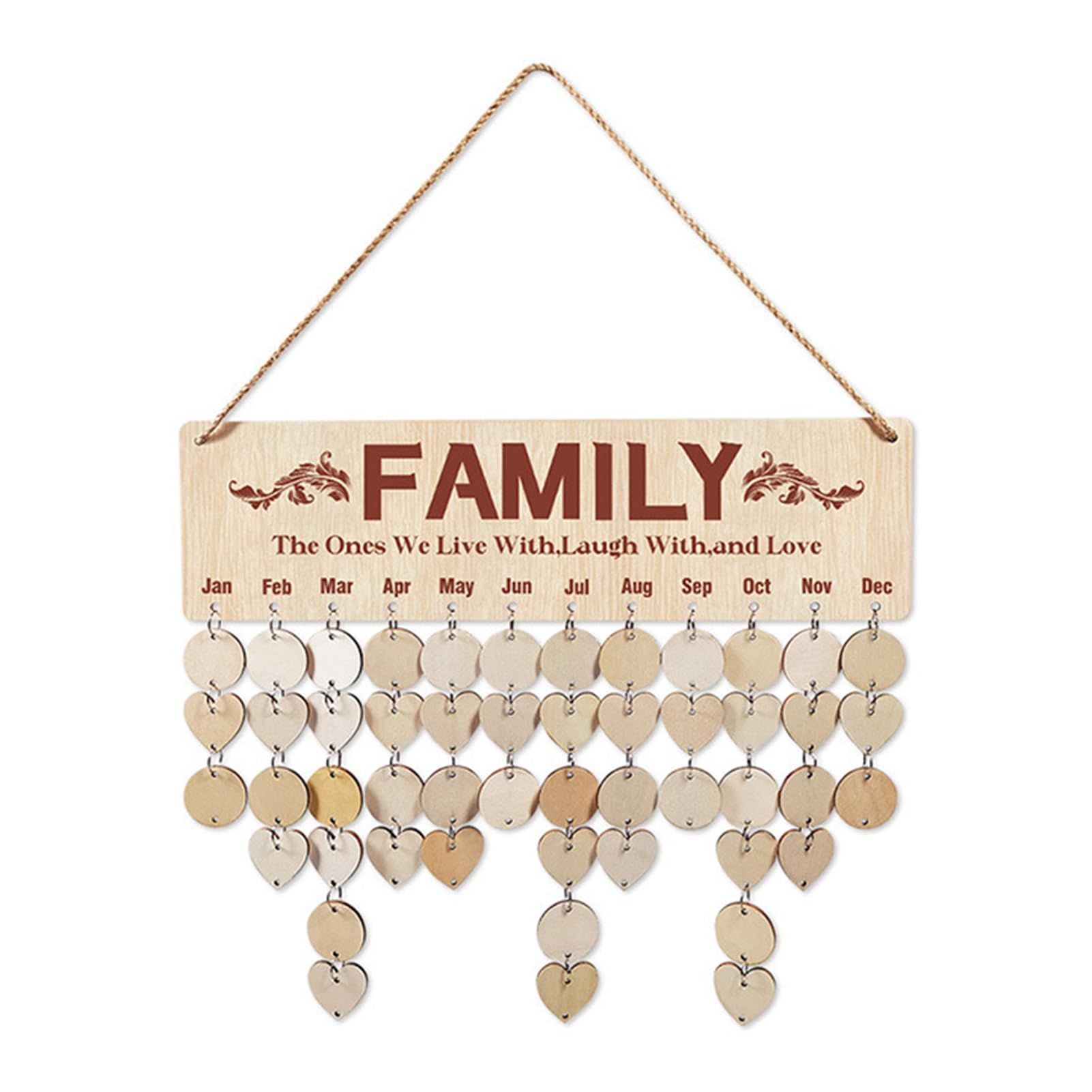 anwhriet Family Birthday Reminder Calendar Board – Wooden Wall Hanging Plaque, Personalised Date Tracker with 50 Heart & Flower Tags, Rustic Home Décor Gift for Mum, Grandma & Friends F