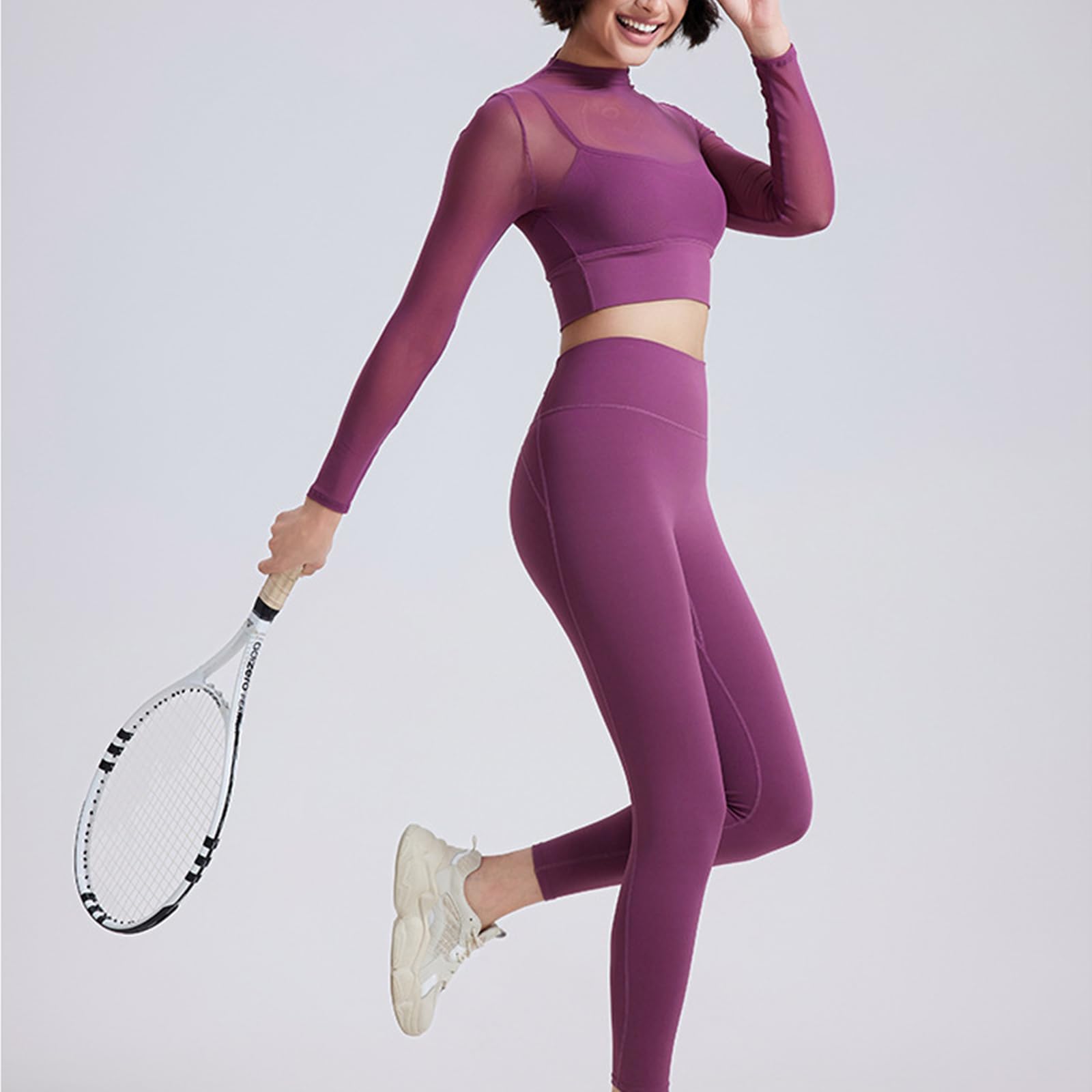 Top corto da donna a maniche lunghe, trasparente, doppia fodera, aderente, casual, per allenamento, palestra, yoga, camicetta