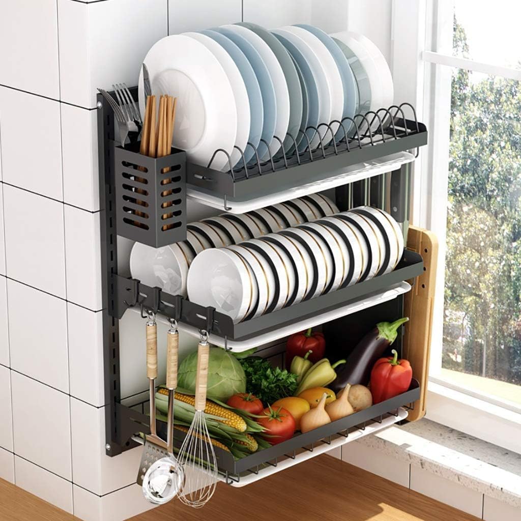 Escurridor de platos de acero inoxidable de 3 niveles, estante de almacenamiento de cocina, estante de drenaje montado en la pared para cubiertos, organización que ahorra espacio