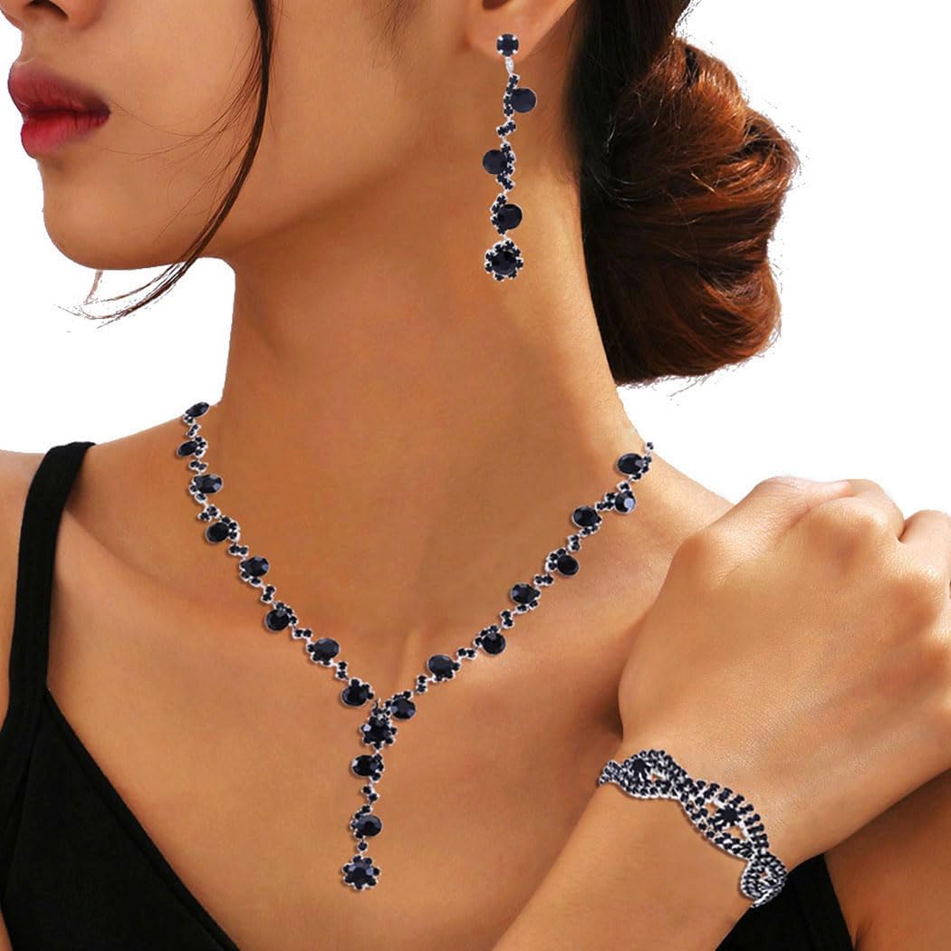 Sixexey Black Jewelry Set Rhinestone Jewelry Sparkly Prom Jewelry Necklace for Women - Image 2