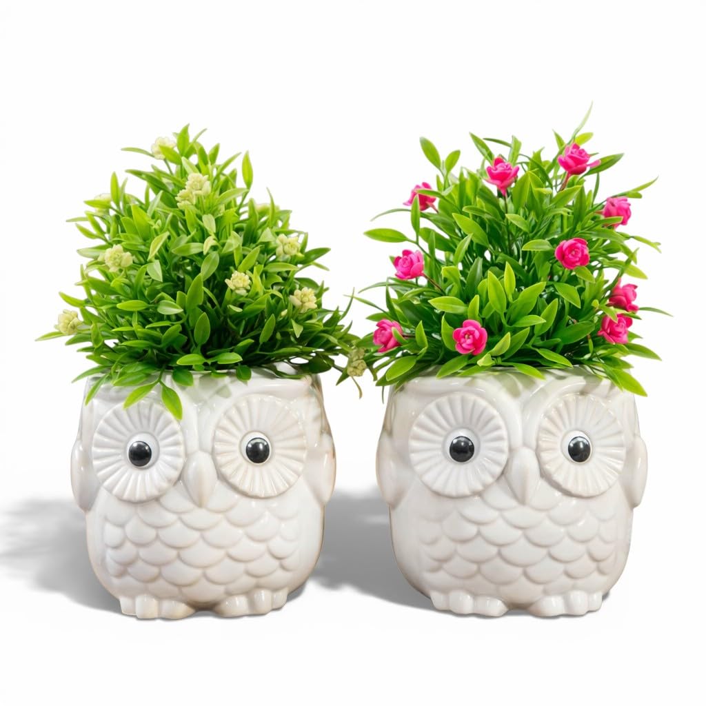 Artificial Plants Potted in Premium Plastic Owl Pot, 2 Pack Home Decoration Items for Living Room, Shelf Farmhouse, Indoor and Outdoor | Pink and White Flowers-image-34