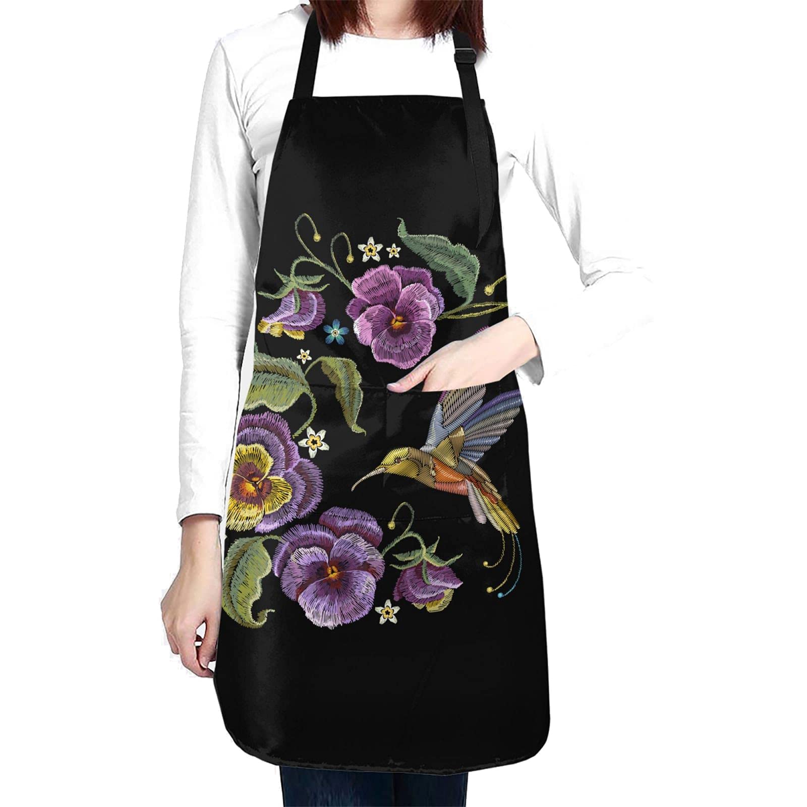 Perinsto Hummingbirds Flowers Floral Waterproof Apron With 2 Pockets Kitchen Chef Aprons Bibs For Grooming Cooking Baking Painting Gardening — image 1