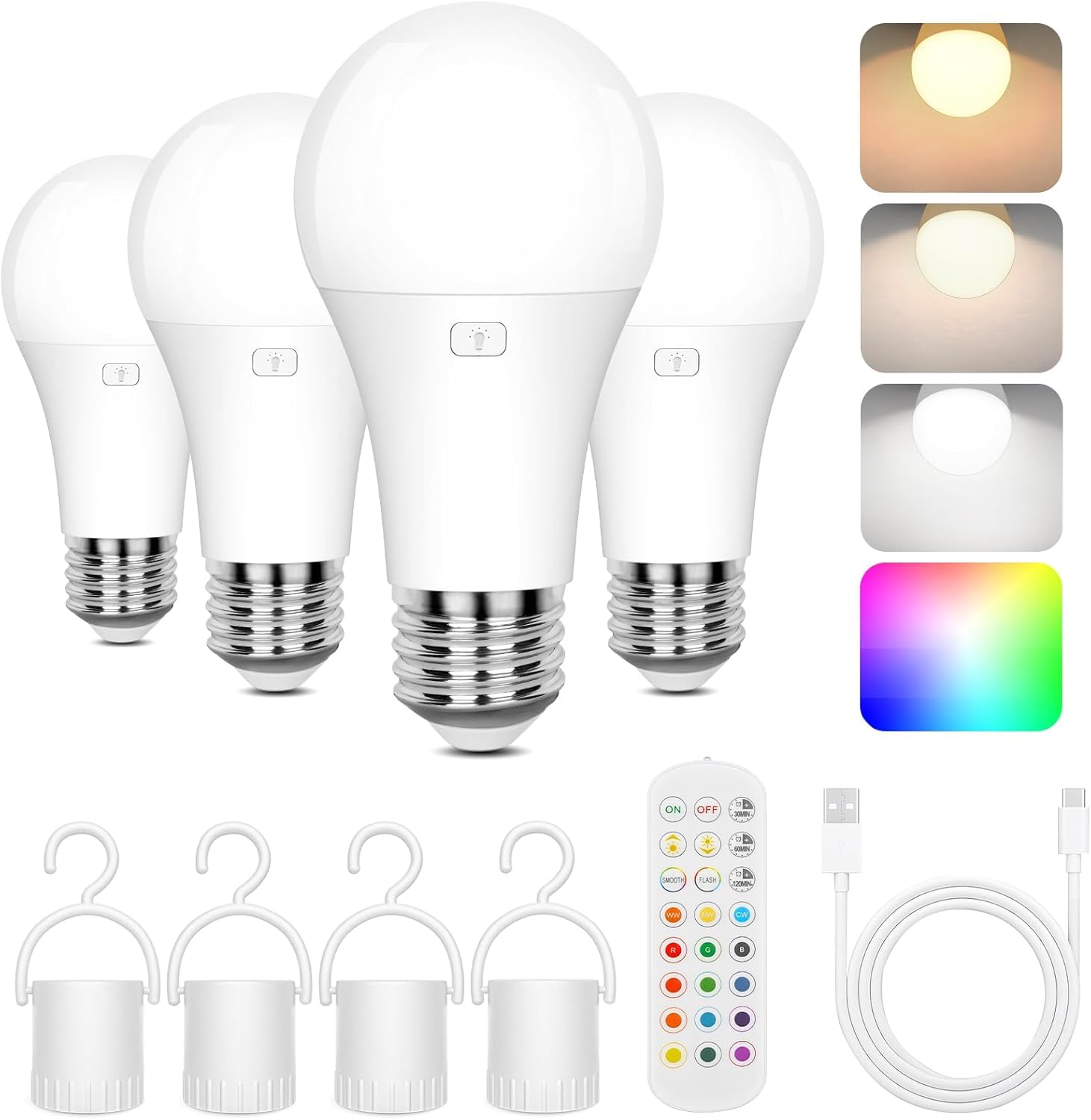 Rechargeable Battery Operated A19 Light Bulbs with Remote, Non-Hardwired
