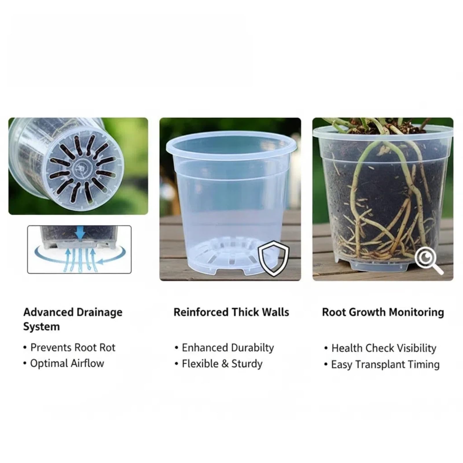 Lot de 12 pots de fleurs transparents extra épais de 13 cm, 15 cm, 17 cm, 19 cm avec plateaux et trous de drainage, adaptés pour l'élevage de semis et la plantation horticole