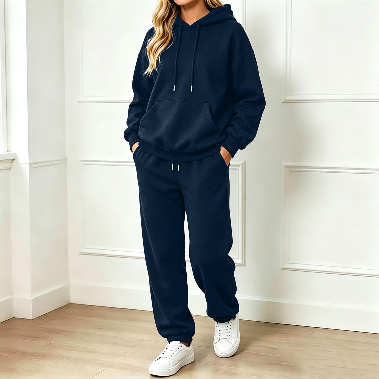 Generisch Tuta sportiva da donna, casual, in pile, invernale, a maniche lunghe, con cappuccio e pantaloni da jogging, in due pezzi, in maglia, taglie forti, comoda abbigliamento per il tempo libero