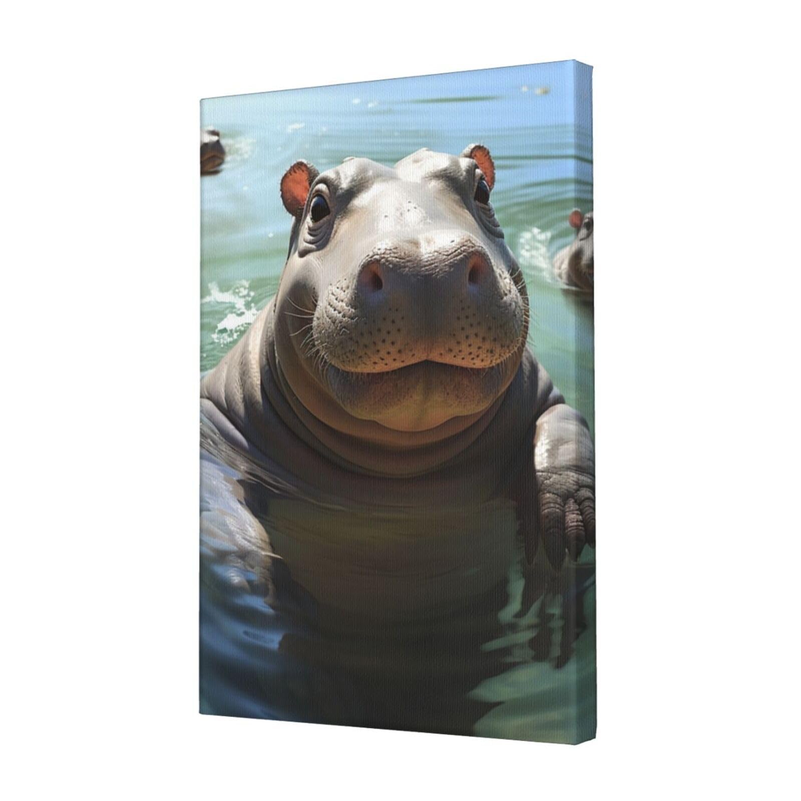 FodPand Cute Hippos Canvas Wall Art for Living Room Wall Decor 12"x18" Modern Artwork Painting Pictures Hanging Canvas Prints Aesthetic Wall Art for Bedroom Bathroom Office Wallart Decor