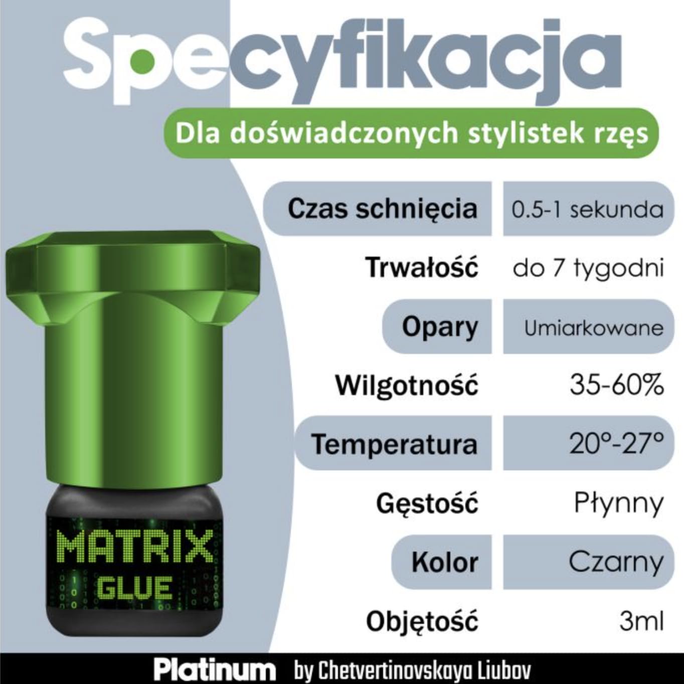 Klej do przedłużania rzęs PLATINUM by Chetvertinovskaya Matrix Trwałość do 7 tygodni, niskie opary, szybkość wiązania: 0,5 sekundy, do profesjonalnego użytku, 3ml, czarny