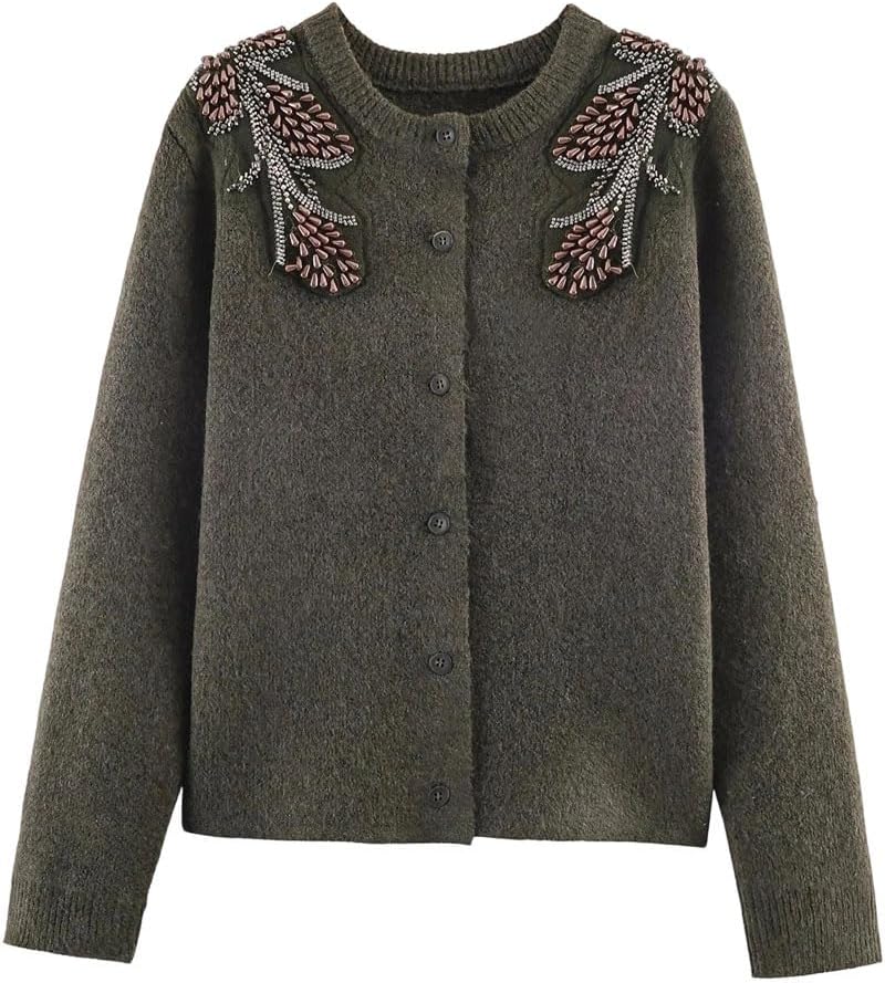 Women's Winter Round Neck Long Sleeve Beaded Knitted Cardigan Spring-Autumn Solid Color Casual Sweater Jacket