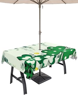 QueenKer Green Clovers Outdoor Tablecloth with Umbrella Hole and Zipper Eucalyptus Leaves Gold Coin Waterproof Rectangle 52x70 Inch, Table Cloth Cover for Outside Picnic Patio BBQS Garden