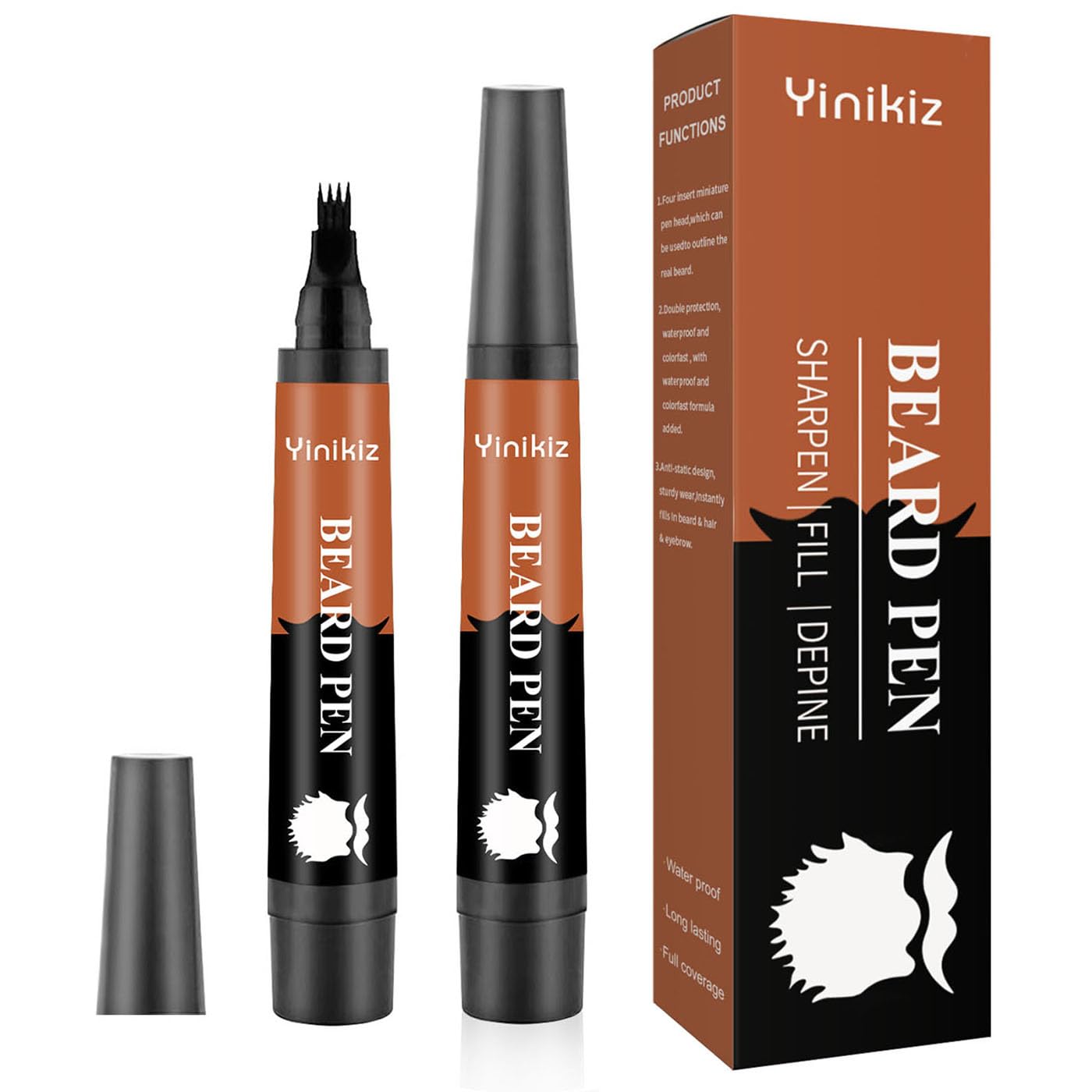 Black Beard Pencil Filler for Men - 2 PCS Beard Pen, 4-fork Tip Beard Styling Pen - Beard, Moustache & Eyebrows, Long Lasting Coverage Natural Finish, Waterproof Beard Pencil Kit for Father Male Gift