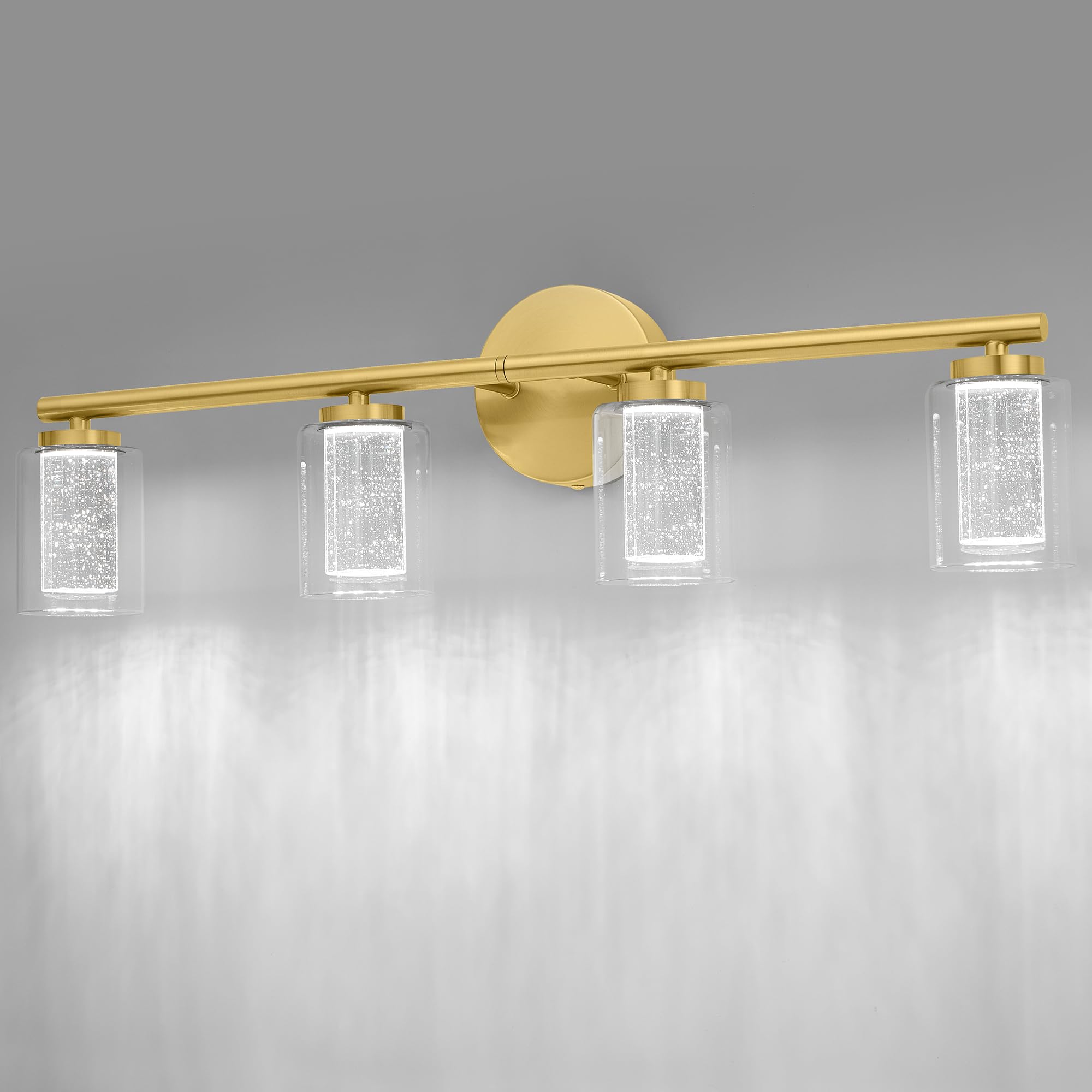 Gold Bathroom Lights,4-Light LED Bathroom Vanity Light,Modern Brushed Gold Vanity Lights with Crystal Bubble and Clear Glass,Mid-Century Brass Wall Sconce Dimmable (3 Color Temperature,21Watts)