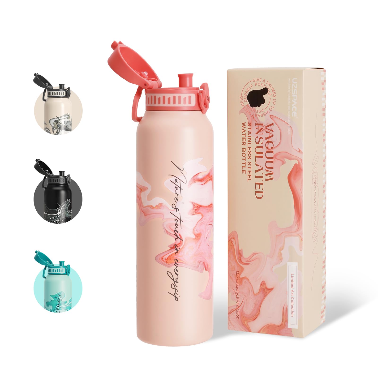 UZSPACE Stainless Steel Water Bottle 1l (970ml) - Double-Walled Insulated Water Bottles That Keep Drinks Cold & Hot - ArtisticPrint Drinking Bottles for Adults - Ideal for Outdoors & Sports Blush — image 1