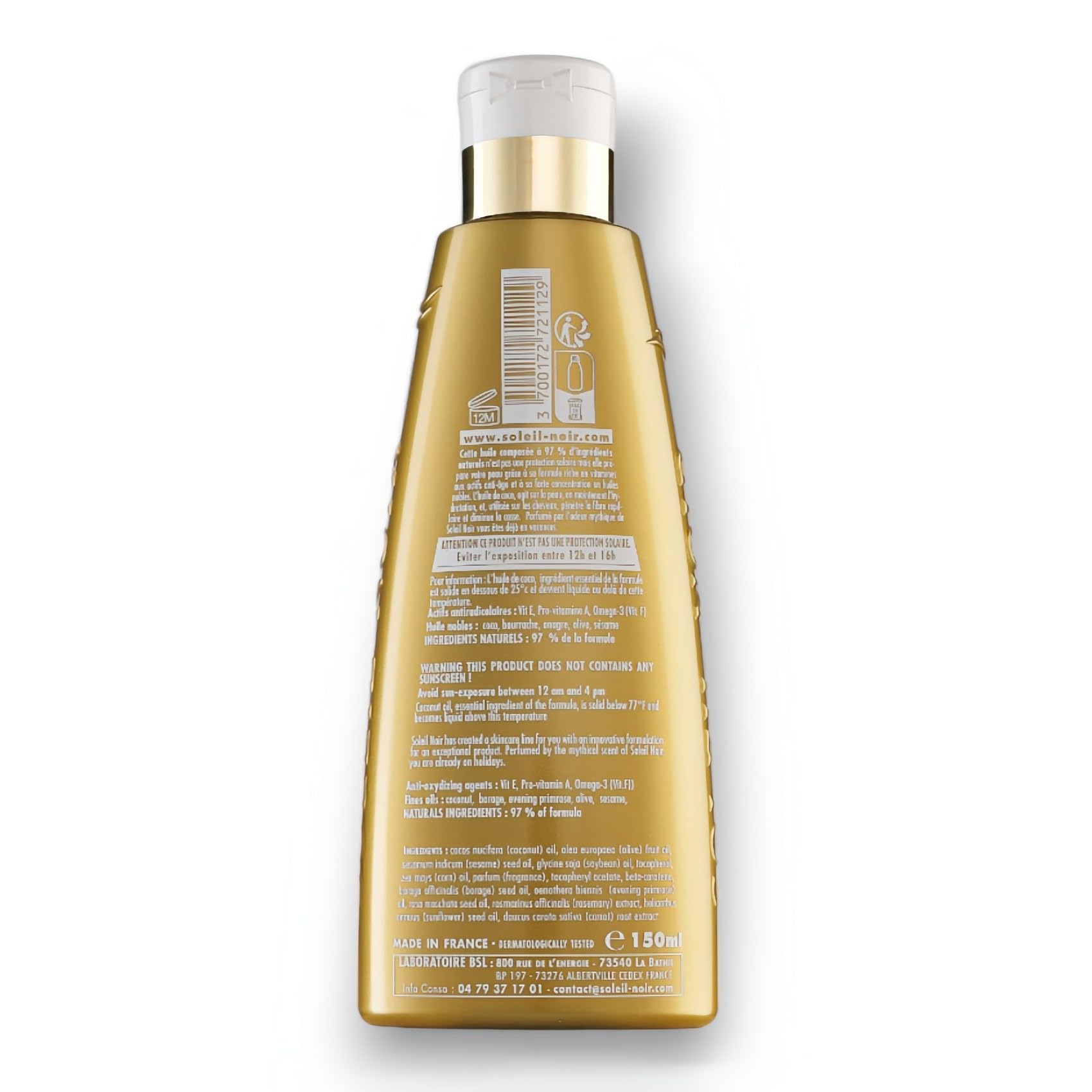 Soleil Noir - Huile Ultra-Bronzante Vitaminée sans Filtre - Peaux Très Mates et Bronzées - 97% d’Ingrédients Naturels - Fabrication Française - Flacon avec Capsule Service, 150 ml
