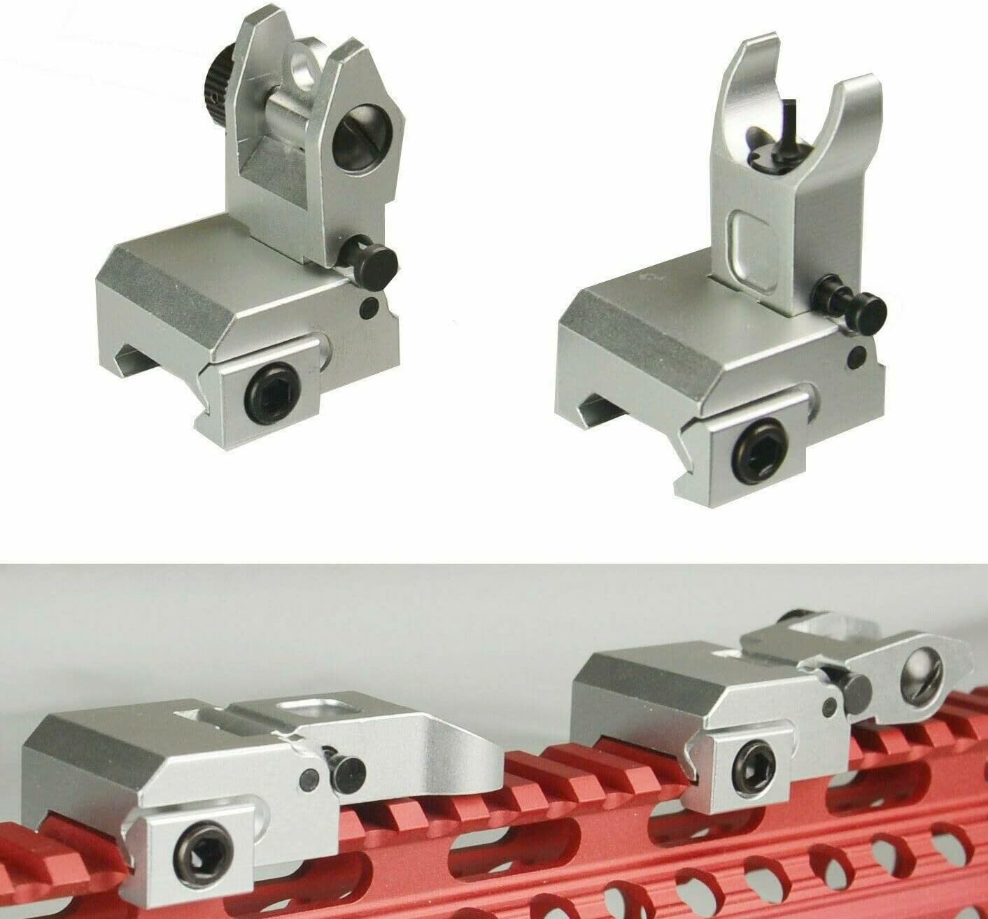 TWP Flip Up Iron Sight BUIS Front and Rear Sight for Top Rail, Aluminum Anodized Silver