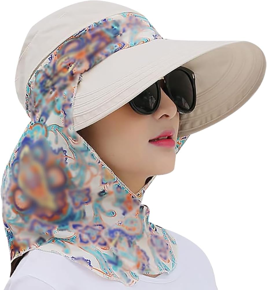 2 in 1 Foldable Sun Hat with Neck Flap Beach Fishing Hat Large Brim UV Protection Hat Gardening Walking Hat for Women Girls Beige