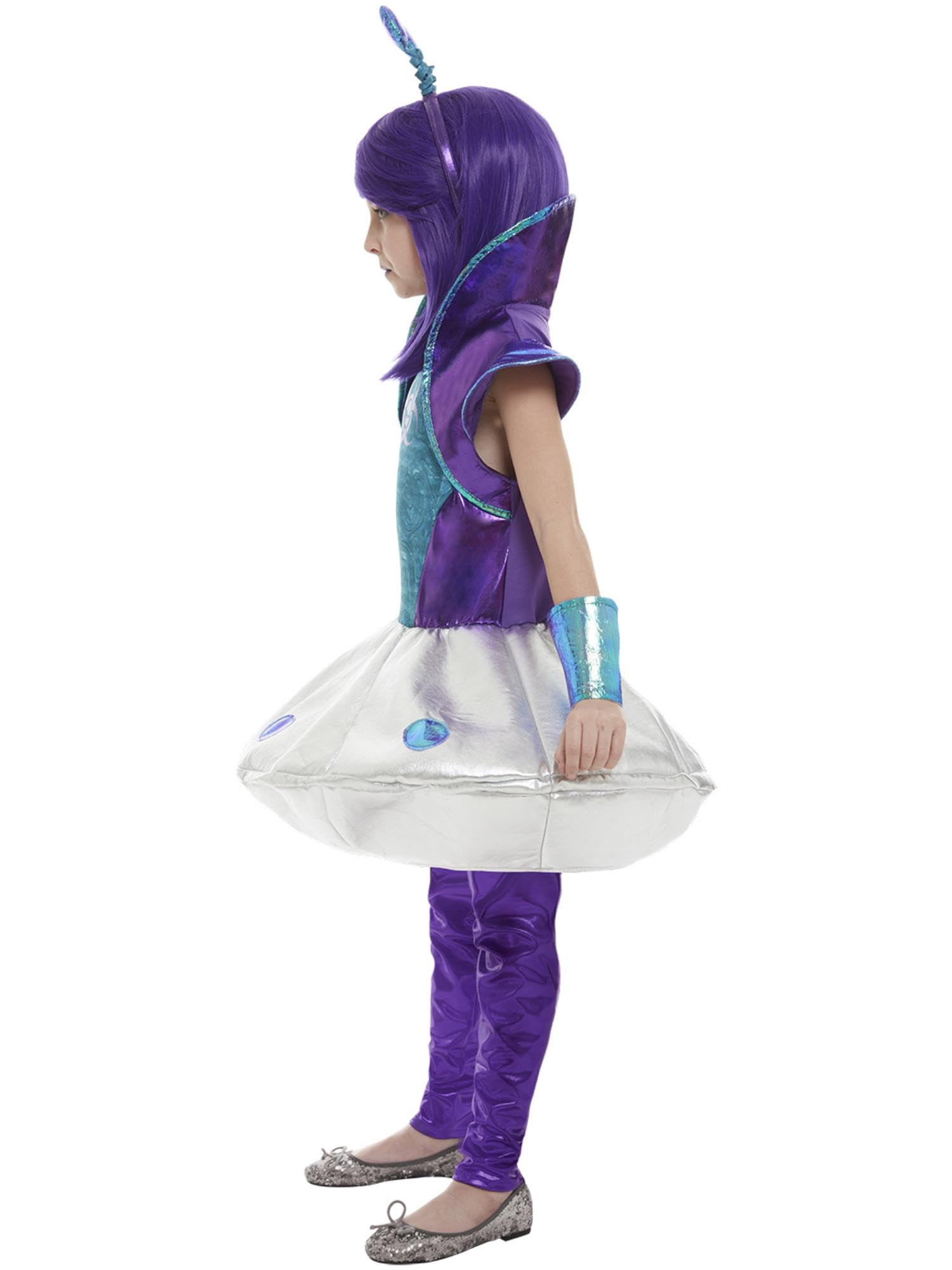 Smiffys Alien Girl Costume, Silver with Dress, Leggings, Wristcuffs & Headband, Halloween Child Fancy Dress, Alien Dress Up Costumes