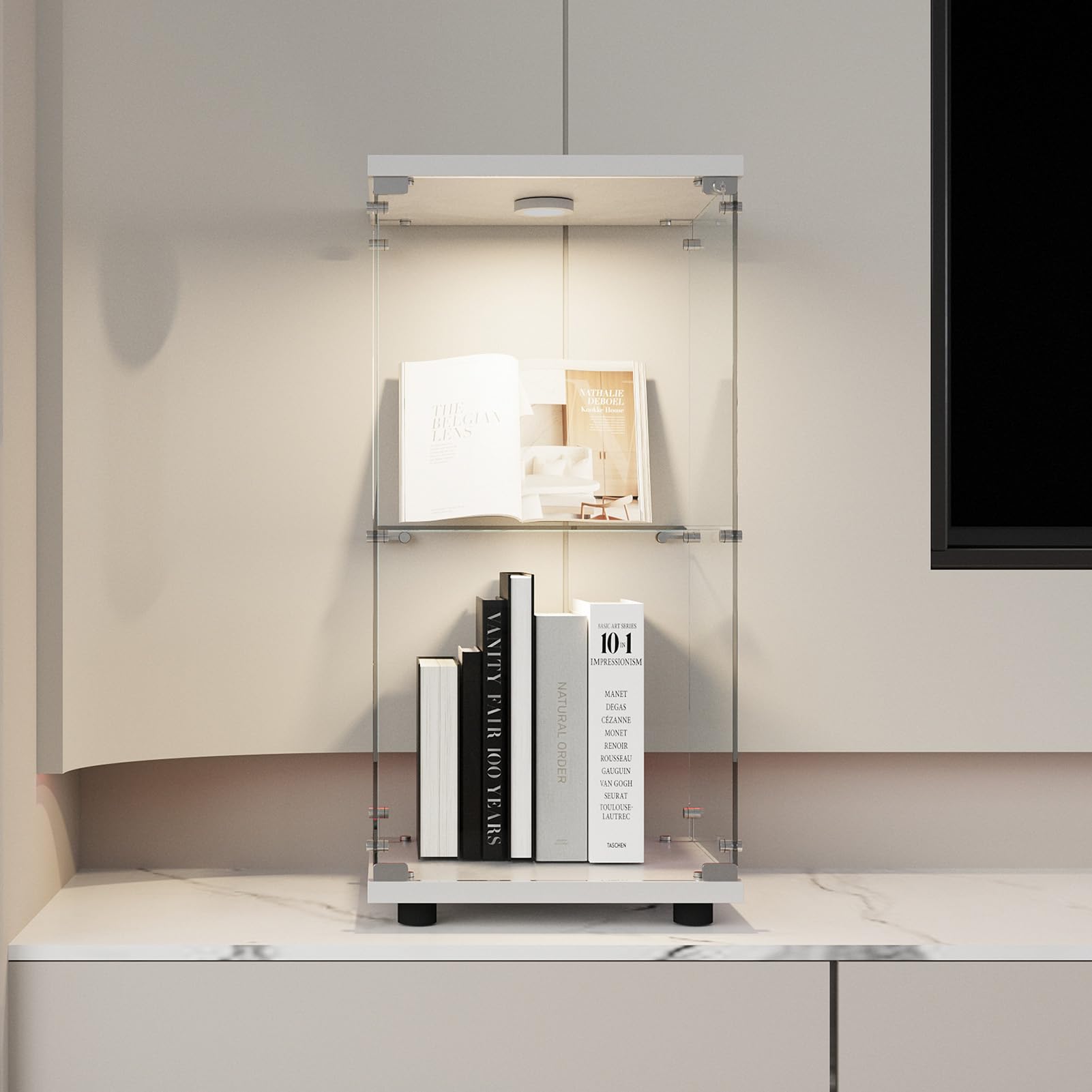 Vetrina in vetro, vetrina da collezione con LED, vetrina temperata moderna in vetro a 2 strati con serrature, trasparente vetrine su base per soggiorno, camera da letto, 40 x 36 x 86 cm (bianco)