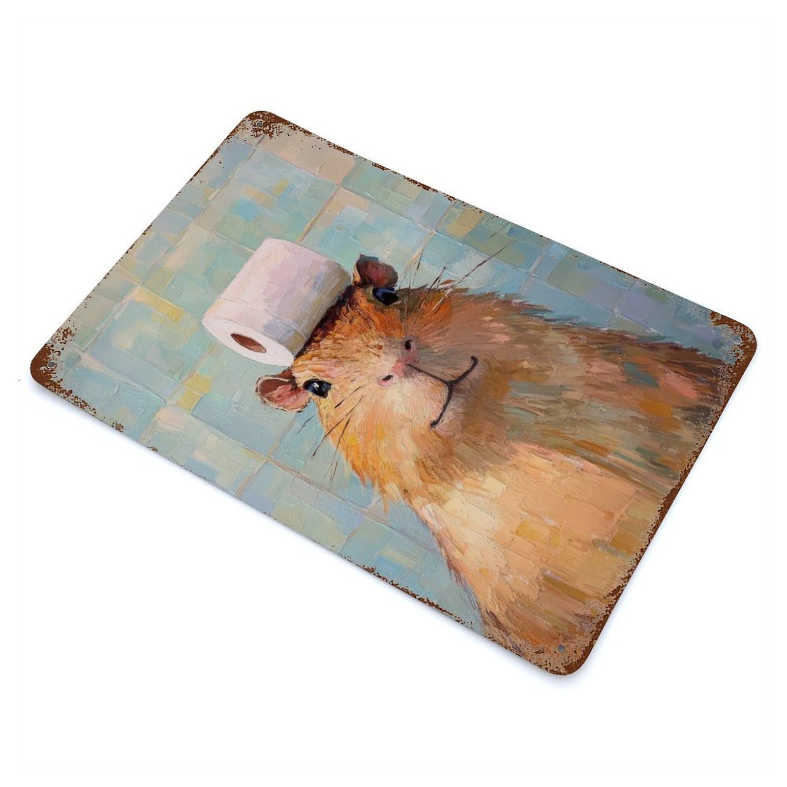 Hamster with Toilet Paper Rust Effect Tin Sign 11.8"x7.9", Ideal for Garage, Bar And Workshop Decor