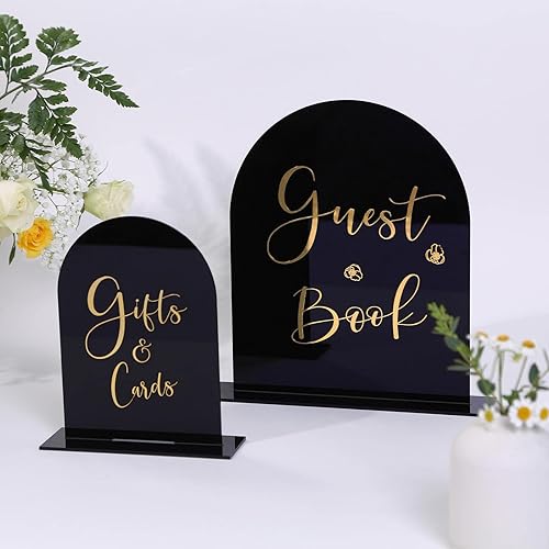 Miniatura 5 de UNIQOOO Letrero de mesa de arco de acrílico negro con soportes, números de mesa de boda de 5 x 7 pulgadas, 18 pulgadas de grosor, letrero acrílico