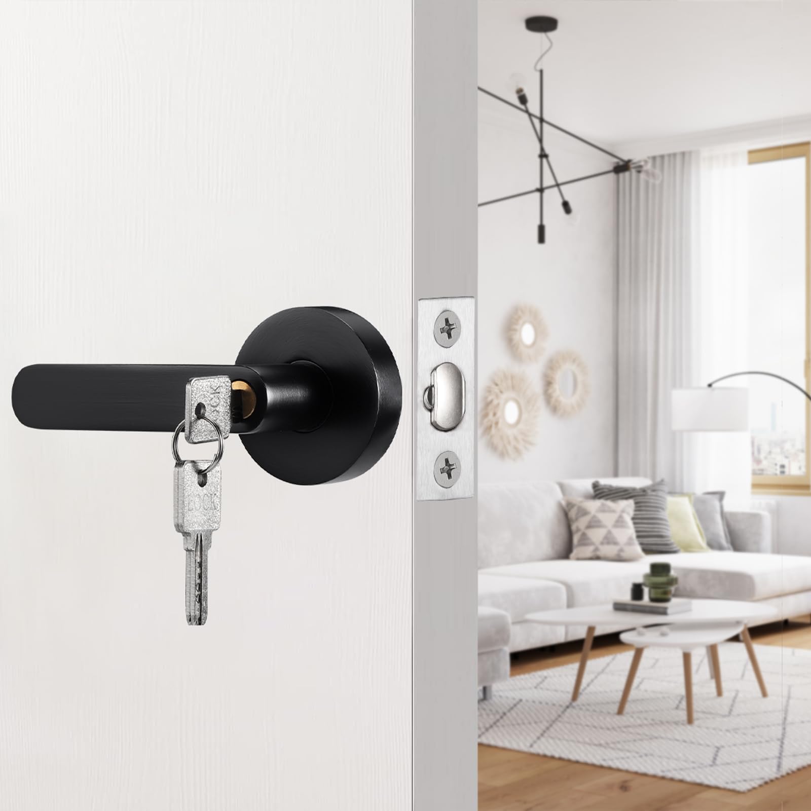 Coolty Manija de puerta con cerradura y llave, juego de manijas de puerta de entrada, manija de puerta exterior, cerradura frontal para dormitorio, baño, oficina, lugar de trabajo (negro)