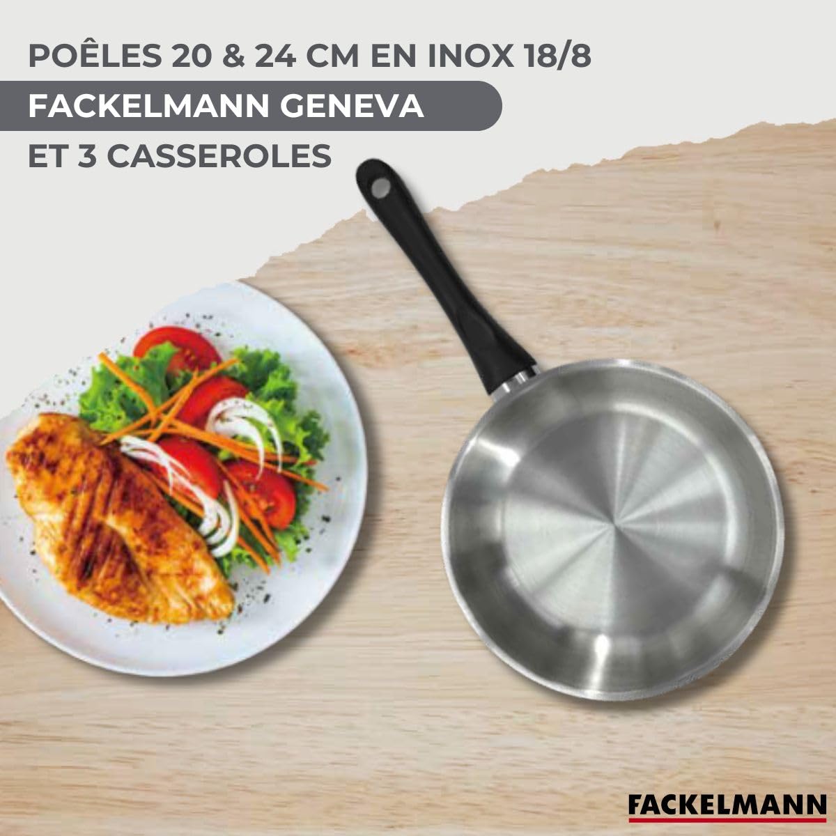 Fackelmann Batterie 2 poêles 20/24 cm, casseroles et ustensiles | 2 poêles 3 casseroles 6 ustensiles, Inox 18/8 pour une cuisson homogène, Poêles Ø20 et Ø24 cm, Sans PFAS