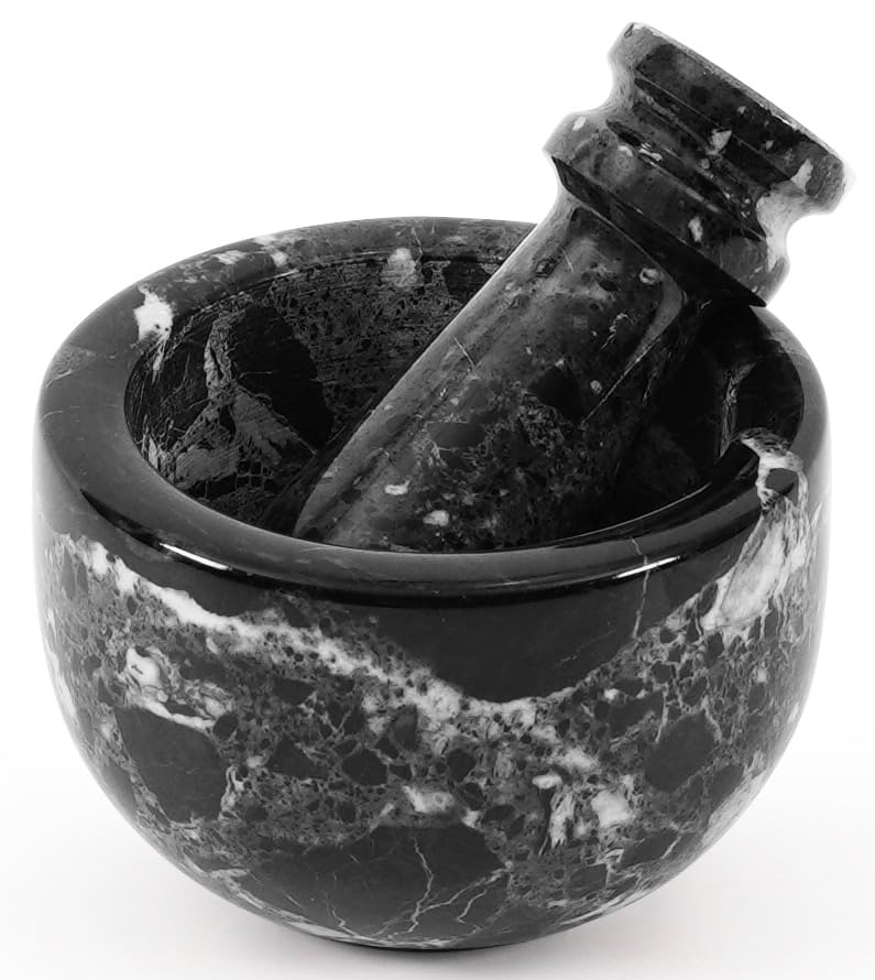 Mortero de Mármol Negro de 3 Pulgadas con Mano - Trituradora de Ajo y Molinillo de Hierbas y Especias para Cocina