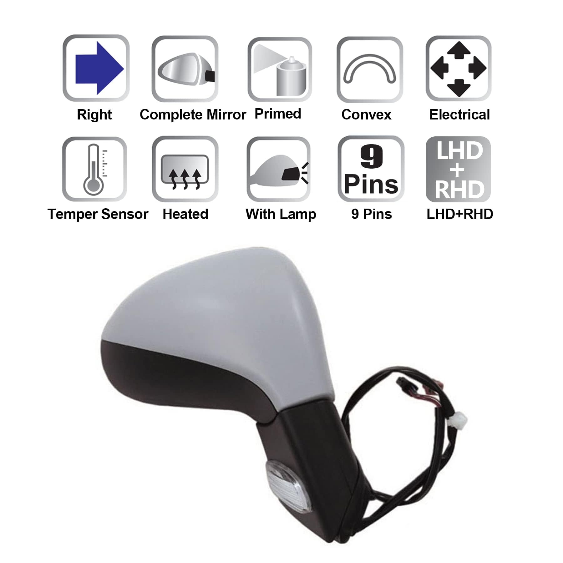 Retrovisore Completo Peugeot 207 2006-2015, Regolazione Elettrica, Manuale Pieghevole, Riscaldamento, Grigio Verniciare, Con Lampeggiante, Sonda Temp., Destra Lato Passeggero