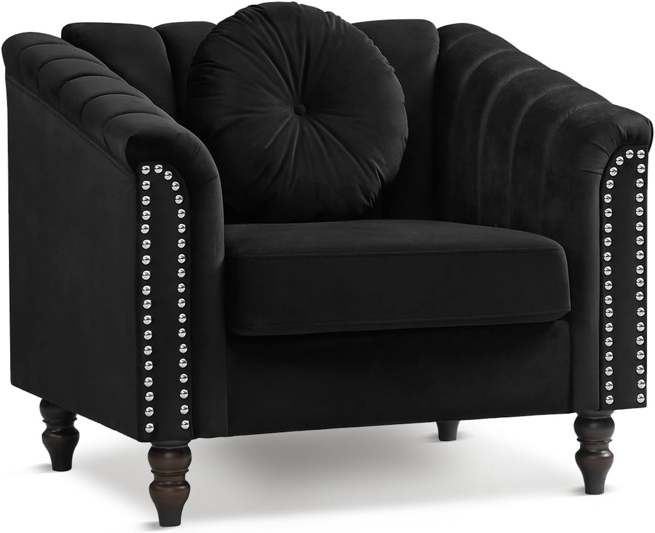 Modern Lounge Accent Chair with Arm Rest and Cooper Nail Mid-Century Modern Armchair with Bolster Pillows, Curved Backrest Flannel Armchair for Reception Room, Gaming Deep Seat Velvet Couch(Chair)