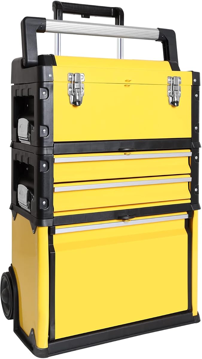 BIG RED Caja de herramientas portátil apilable de metal organizador con ruedas y 2 cajones, caja de herramientas con ruedas vertical para garaje o taller, amarillo, ATRJF-C305ABDYR