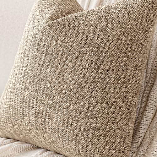 Image of Foindtower Set of 2 Decorative Textured Burlap Linen Throw Pillow Covers Farmhouse Boho Cushion Cover Solid Accent Pillowcase for Couch Sofa Bed Living Room Home Decor,18x18 Inch,Camel