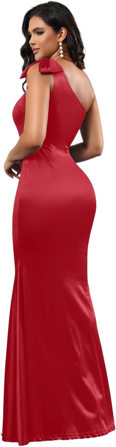 Women's Fashion Ruched Bodycon Dress Sleeveless Sexy One Shoulder Wrap Satin Belted Cocktail Dresses - Image 4