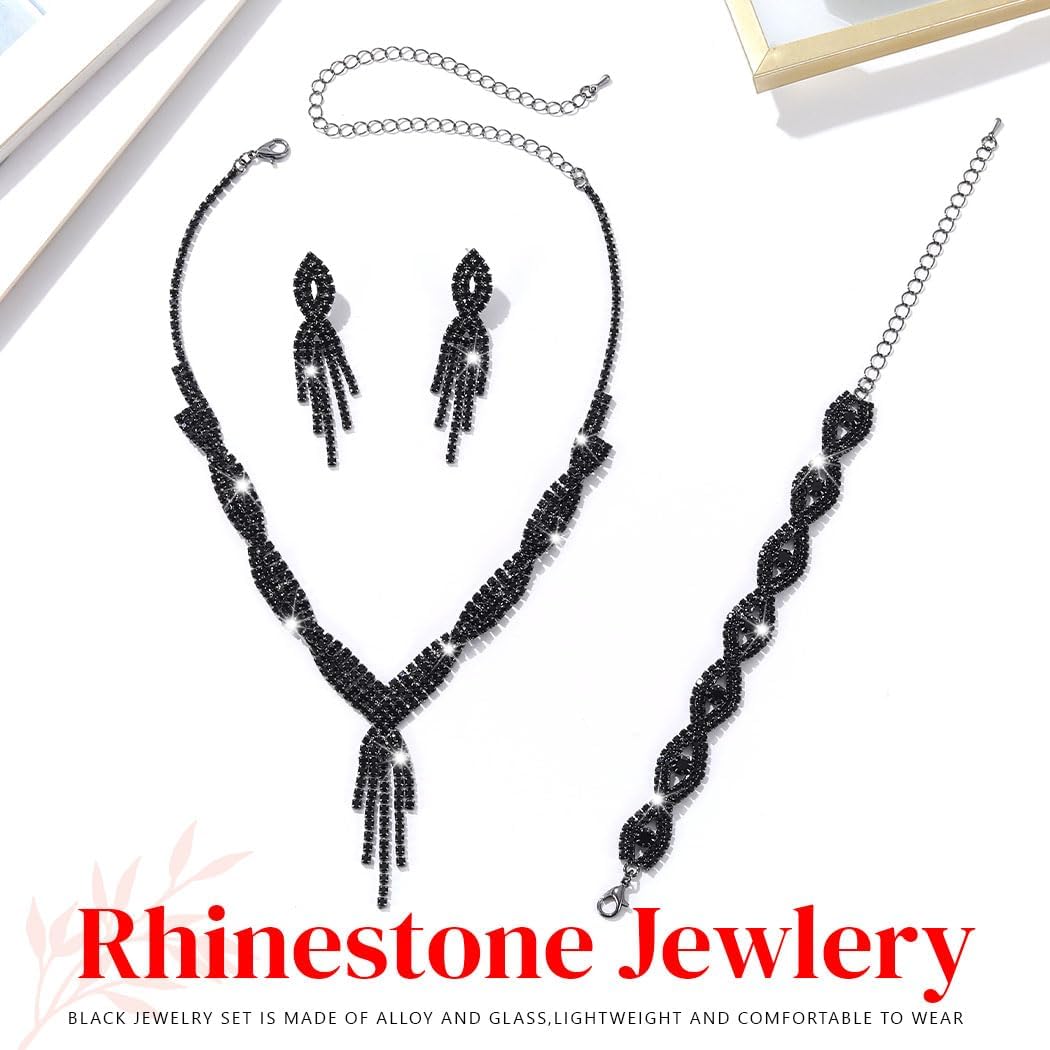Sixexey Black Rhinestone Jewelry Set Wedding Jewelry Prom Costume Necklace Jewelry for Women - Image 2