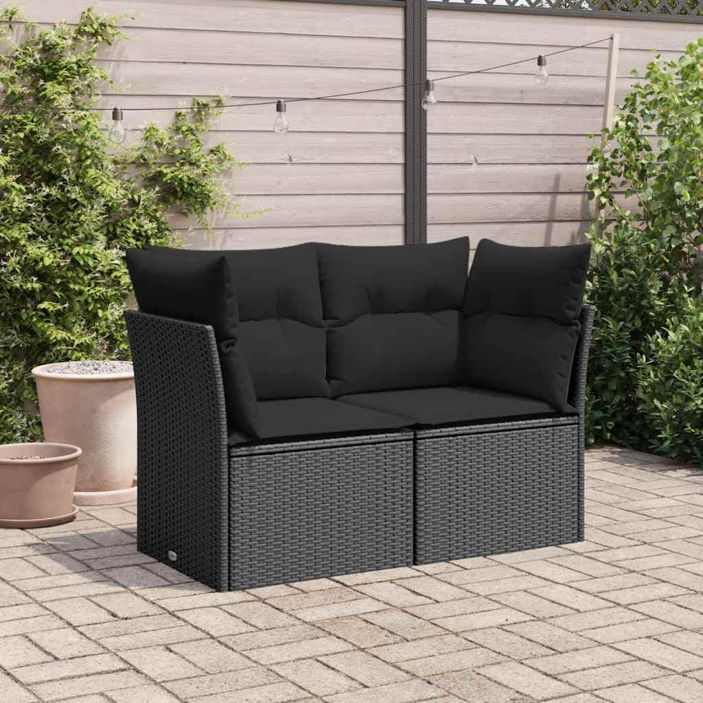 Divano da Giardino 2 Posti in Rattan PE Nero con Cuscini | Salotto modulare per terrazzo e balcone con telaio in acciaio, cuscini sfoderabili imbottiti e piedini regolabili.