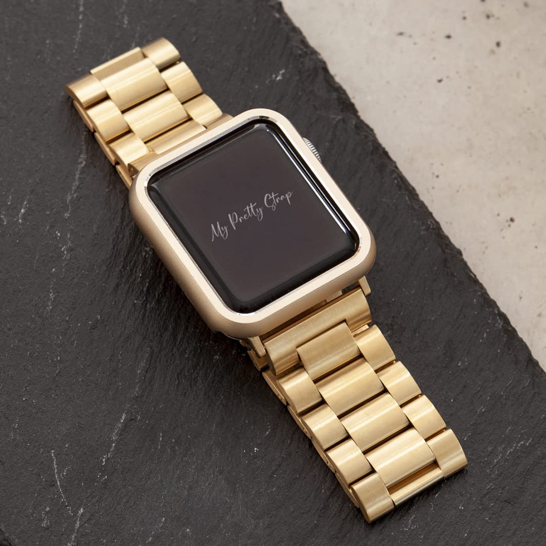 My Pretty Strap Classic Band Compatible with Apple Watch 38/40/41mm or 42/44/45/49mm, Stainless Steel Metal Gold/Silver/Black (42MM / 44MM / 45MM / 49MM, Gold)