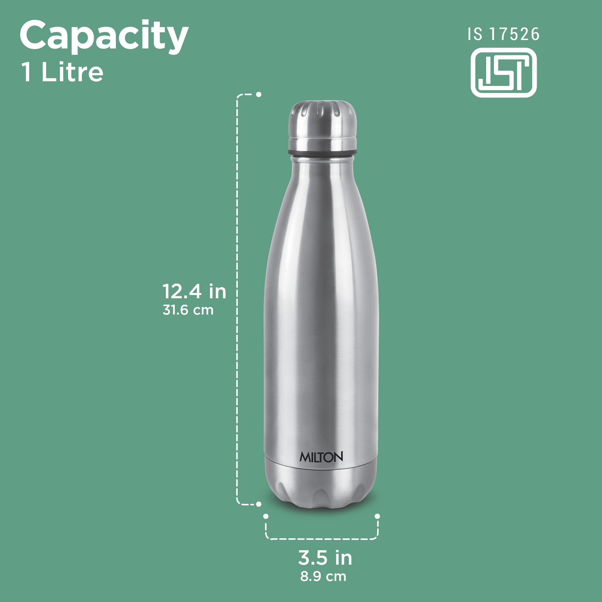 MILTON Thermosteel Duo DLX 1000, Flacon isotherme à double paroi 1000 ml 34 onces 1 LTR Bouteille d'eau chaude et froide 24 heures, acier inoxydable 18/8, sans BPA, de qualité alimentaire, étanche Argent