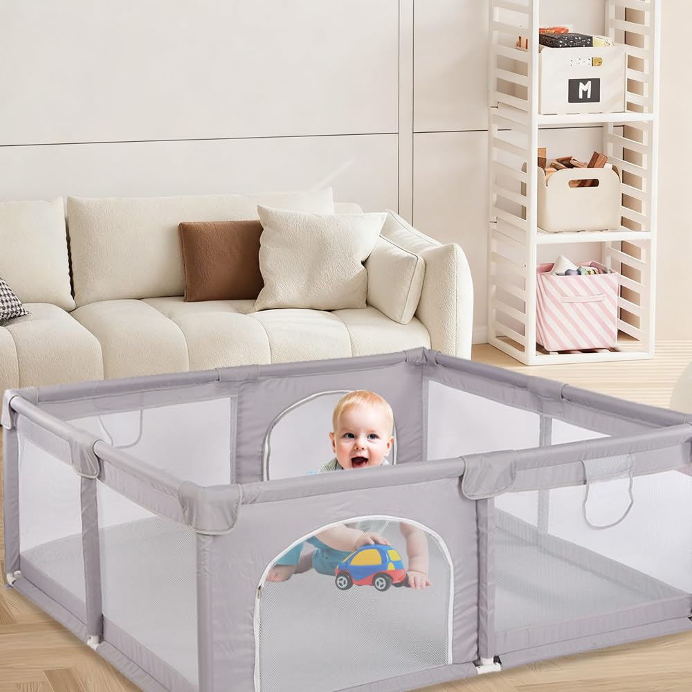 Parque infantil plegable, parque infantil, rejilla con red transpirable para interior y exterior, parque y establos con puerta con cremallera, a partir de 0 – 48 meses, 150 x 180 x 62 cm