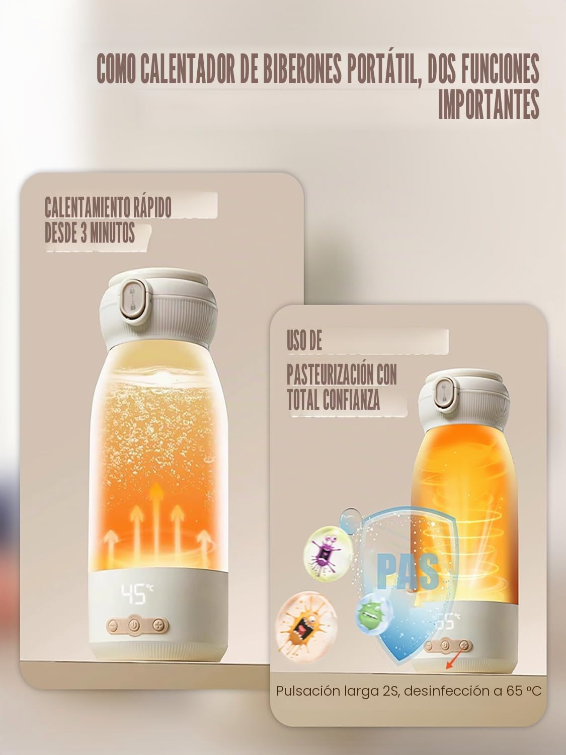 Calienta Biberones Portátil para Viajes 500ml, Larga Duración de la Batería y temperatura en 3 minutos, control preciso de la temperatura