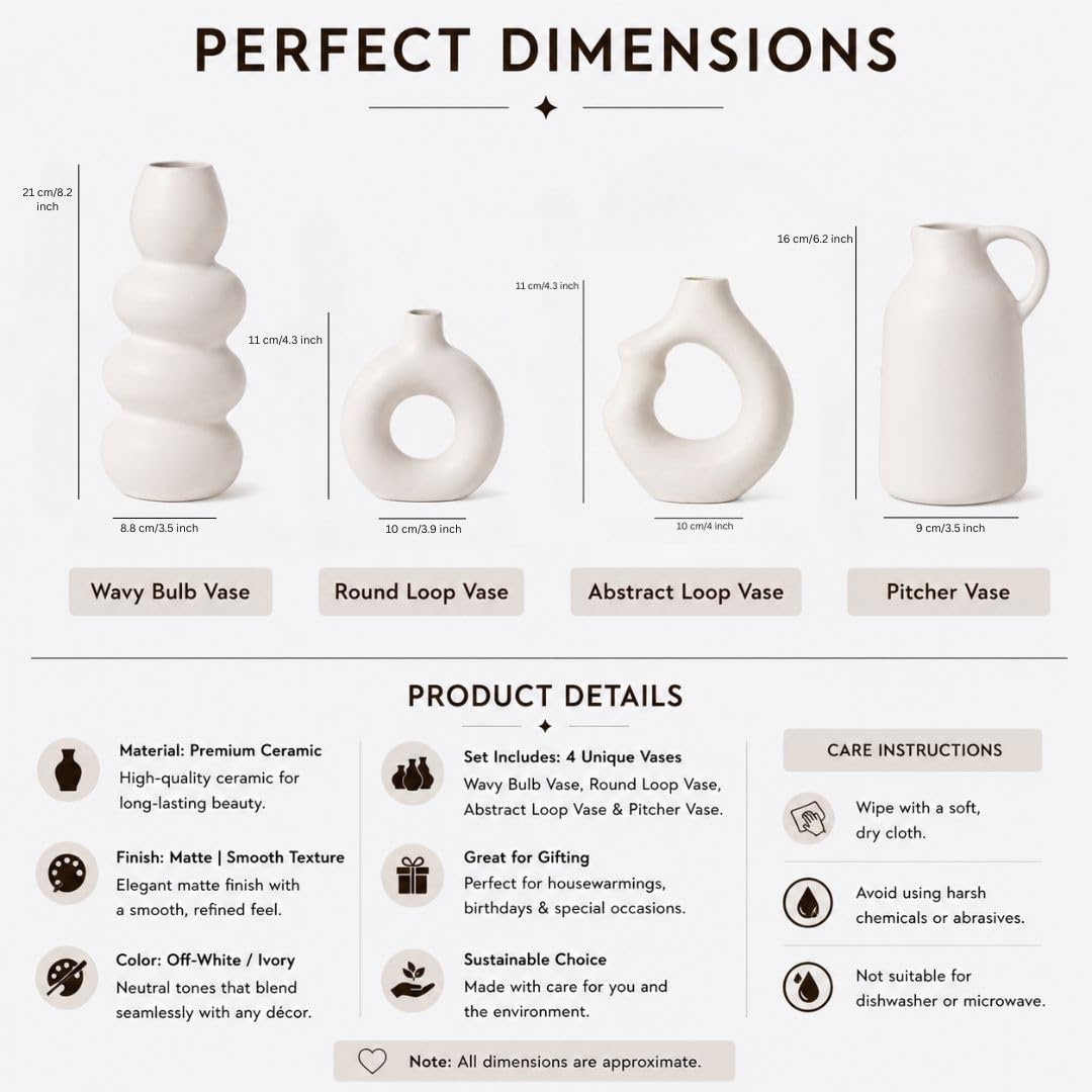 4 Ceramic Vases - Modern White Floral Vases -2