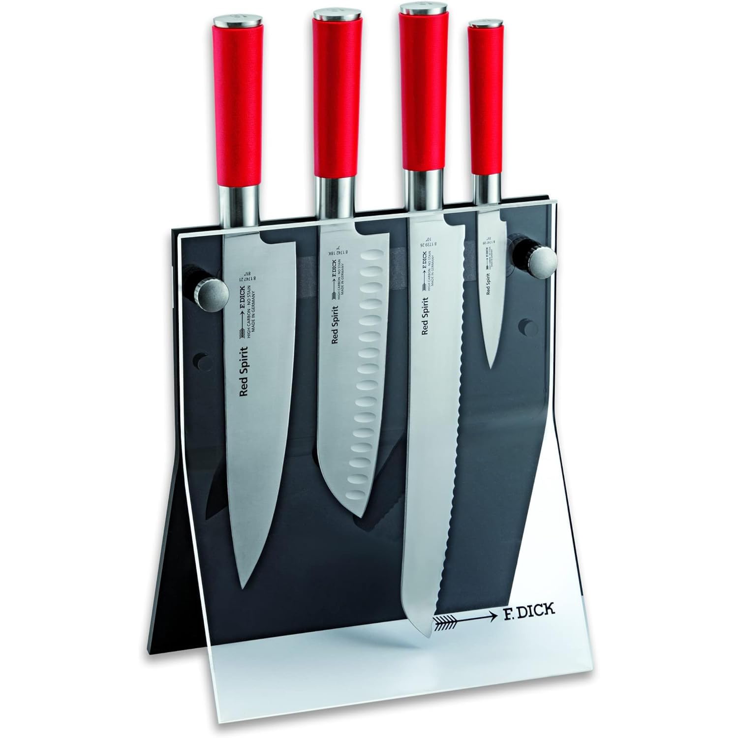 F DICK Red Spirit Knife Set including black knife block - 4 piece kitchen knife set consisting of
