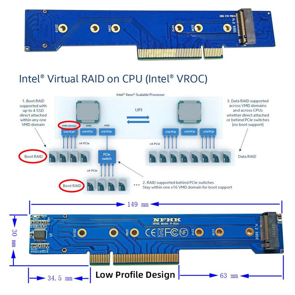 Cablecc Dual 2X NVMe M.2 SSD auf PCIe Express Gen4 X8 X16 RAID Card VROC Hyper Adapter mit Low-Profile-Halterung