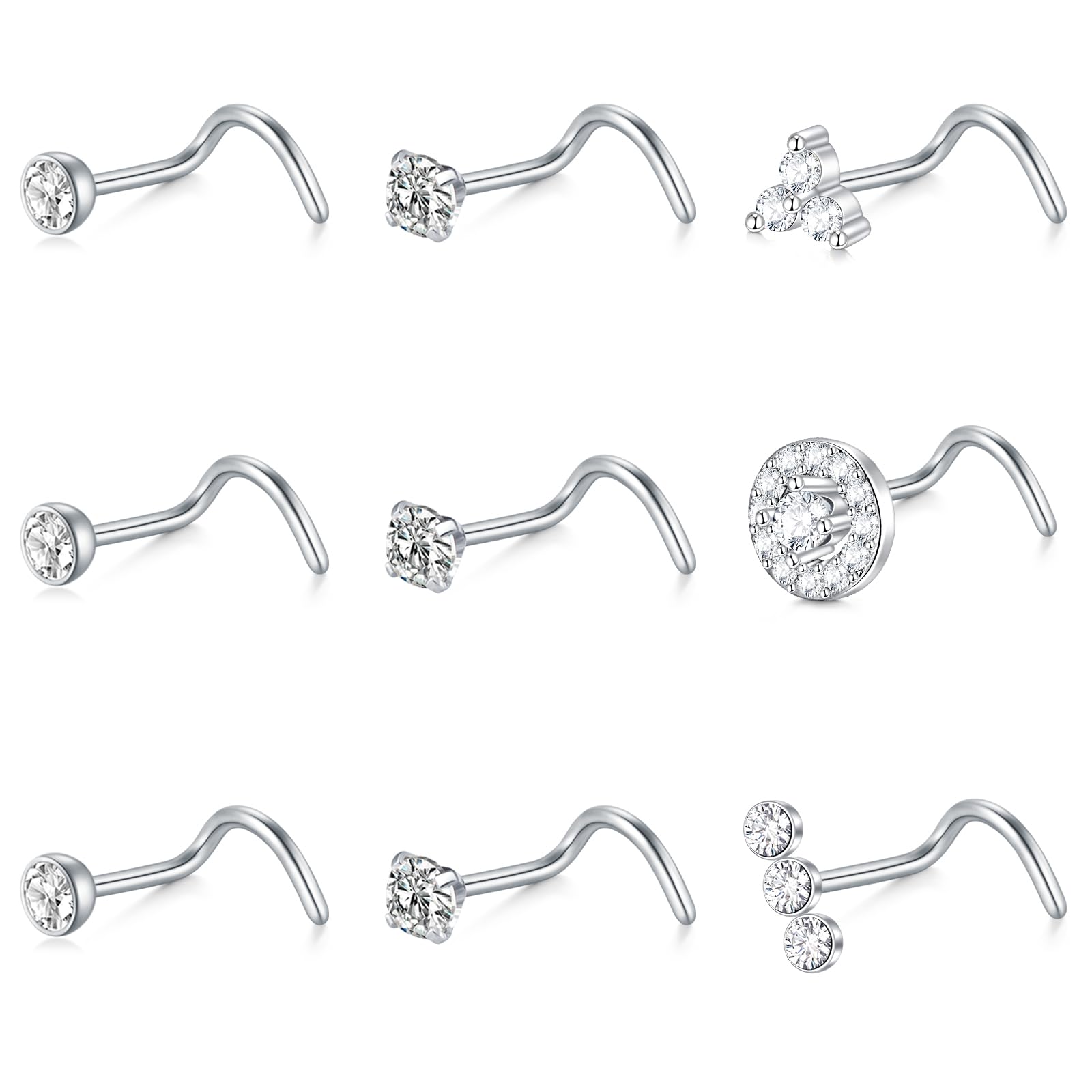 Mayhoop20G Nose Rings Studs 316L Surgical Stainless Steel L Shape Bone Diamond Heart Corkscrew Nose Ring Nostril Piercing Jewelry For Women Men