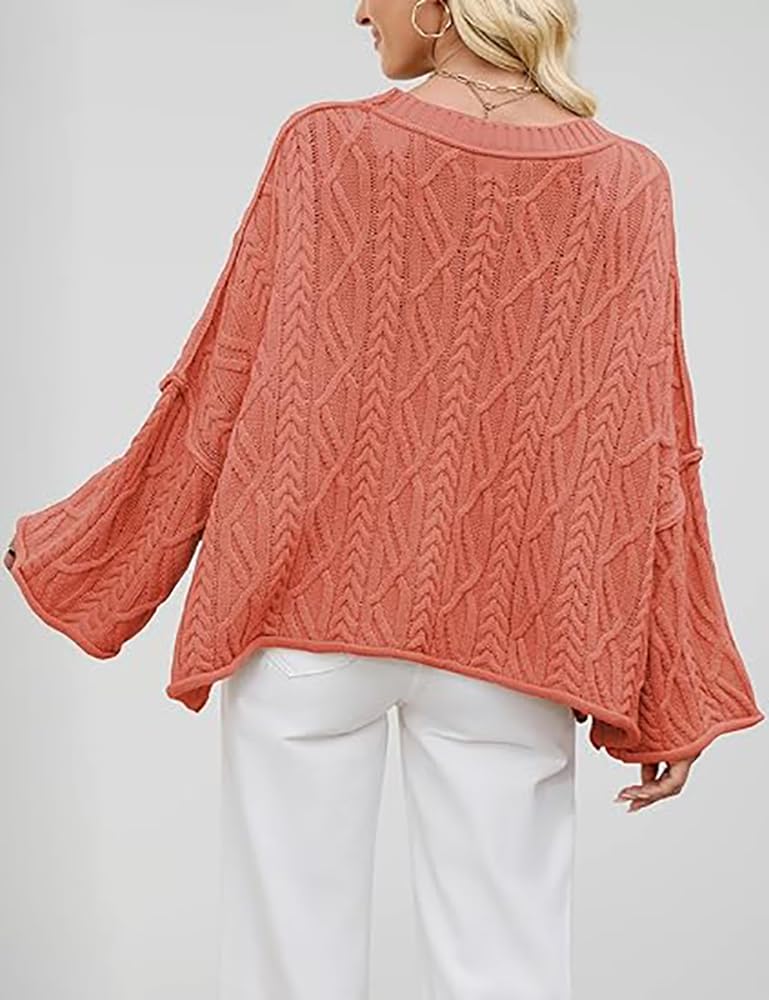 Generico Maglione Oversize da Donna a trecce con Scollo Rotondo e Maniche Lunghe Svasate, Pullover Morbido e Spesso Casual per Autunno Inverno