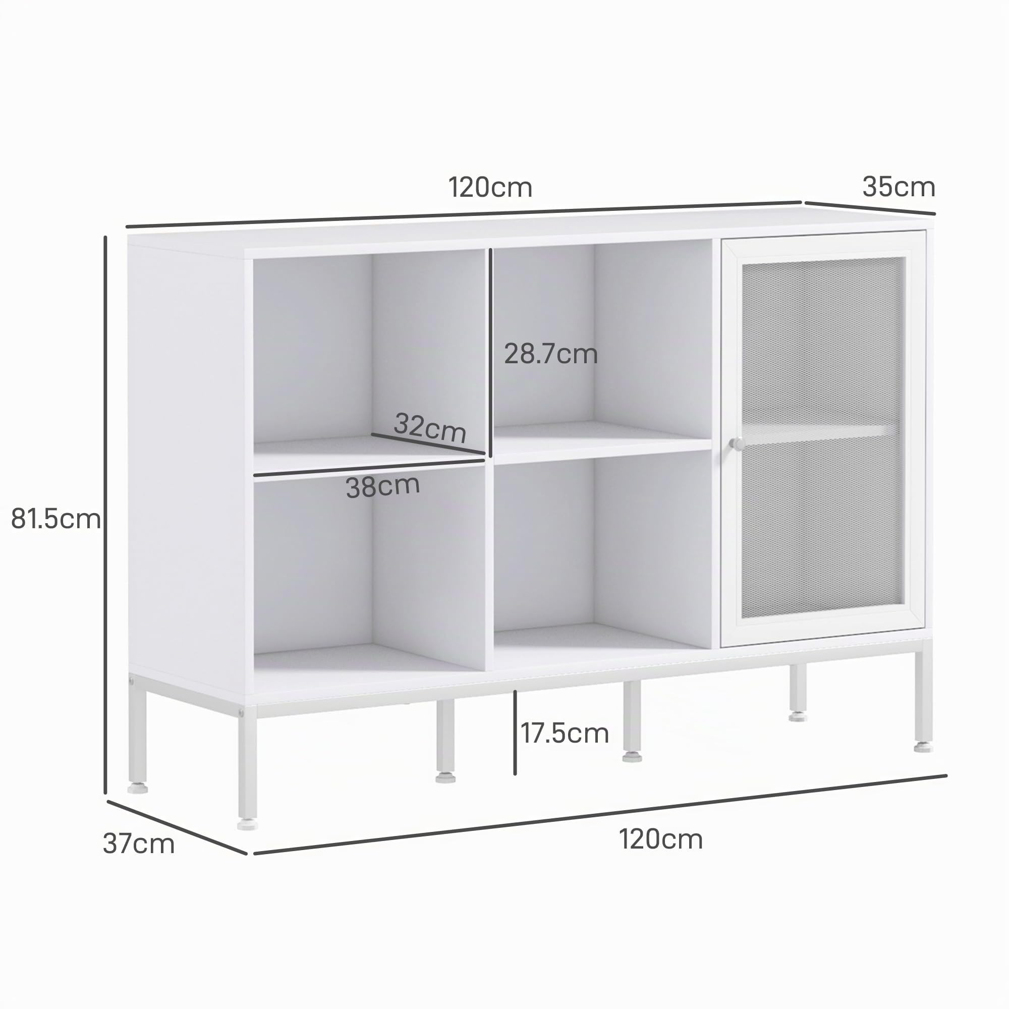 HOMCOM Mobile Buffet Credenza 4 Ripiani Regolabili 120x37x81.5 cm Bianco | Armadietto con Anta a Rete, Ripiani Aperti, Mobile Contenitore, Truciolato e Acciaio