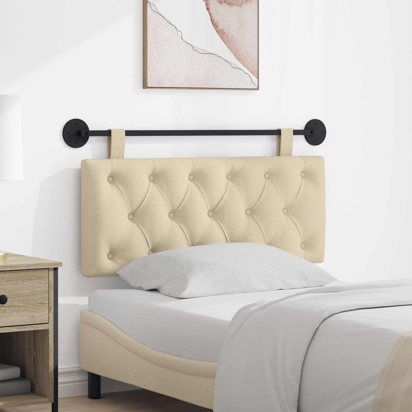 Cabecero colgante de tela color crema, 110 x 55 x 7 cm | 100 % poliéster, relleno de espuma, marco de madera diseñada, montaje en pared, cinturones extraíbles