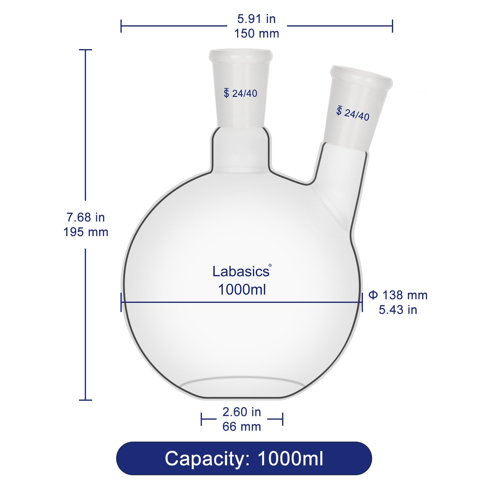 Labasics Fiole Bouilloire à Fond Plat à 2 Cols, Joint 24/40, Verre Borosilicaté, Résistante à la Chaleur pour Distillation et Laboratoire, 1000ml
