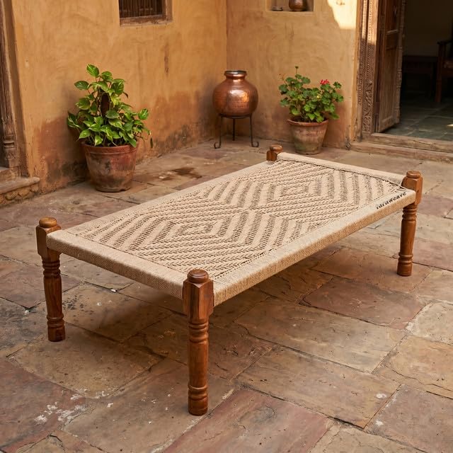 Solid Sheesham Wood Charpai Khat | Handcrafted Daybed Khatiya Charpai with Cotton Rope | Traditional Khat Bed Wooden Diwan Cot for Living Room | 6X3 Feet | Beige-picture-12
