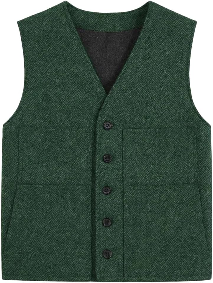 Mens Gray V Neck Herringbone Single Button Slim Fit Suit Vest