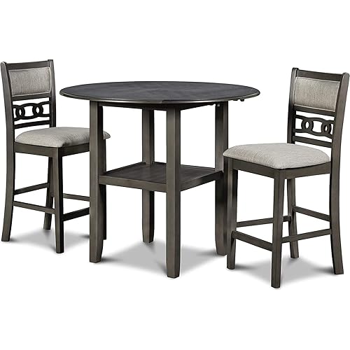 New Classic Furniture Gia Drop Leaf Counter Table with Two Chairs, 42-Inch, 42.25" Set, Gray