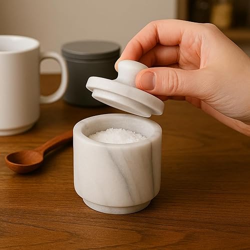 Miniatura 6 de Creative Home Sal de mármol natural para bodega, 3 pulgadas de diámetro x 3.3 pulgadas de alto, recipiente de sal y especias tallado a mano para