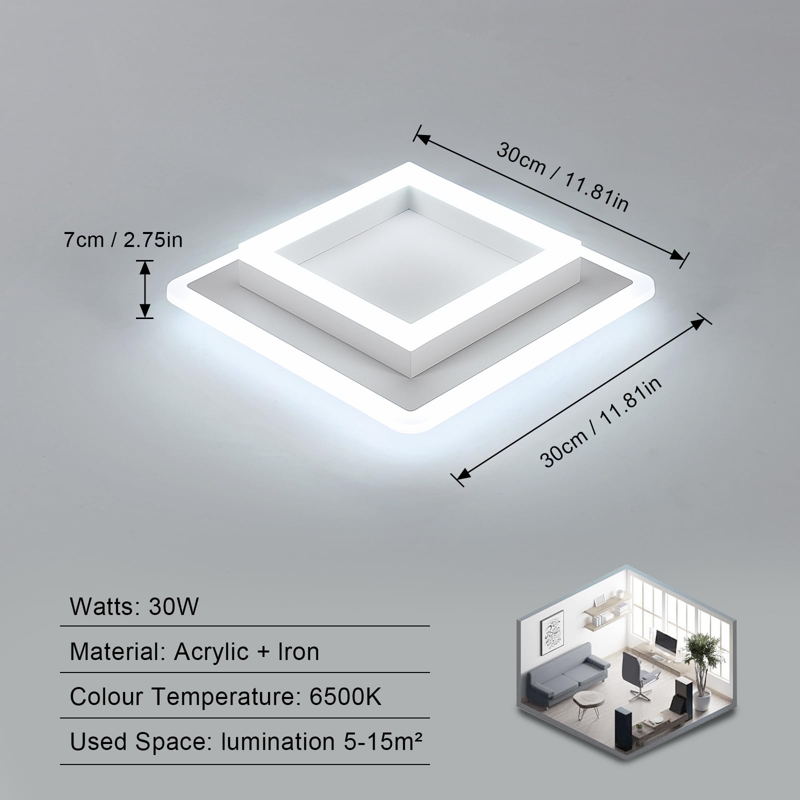 DELIPOP Lampada da Soffitto LED Moderna, 30W 3375LM Creativo Quadrata Plafoniere, Lampadario LED Soffitto Bianca per Camera da letto, Soggiorno, Cucina Sala da Pranzo, Bianco Freddo 6500K
